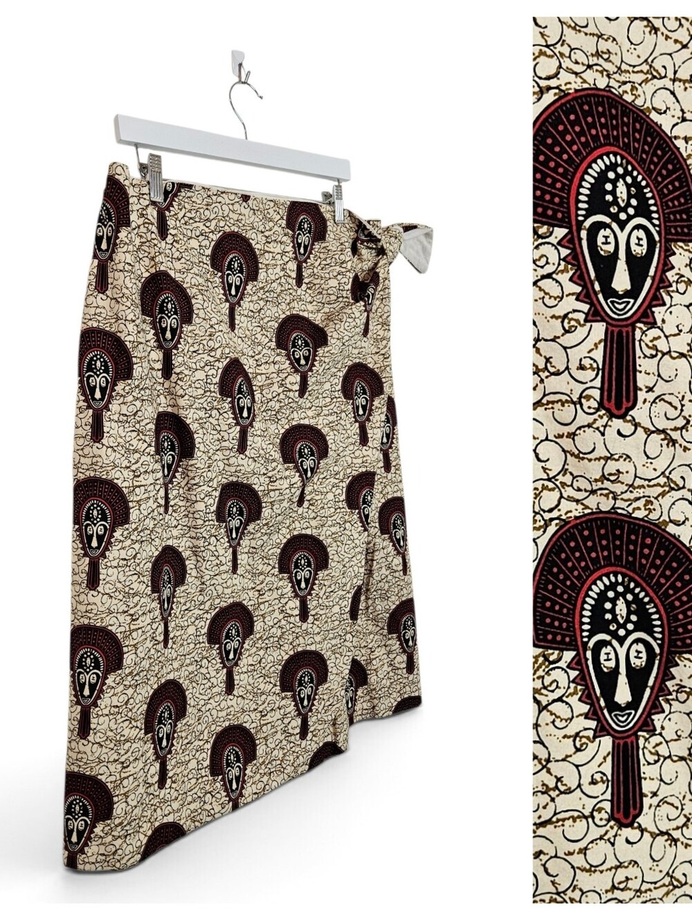 Vintage African Wrap Skirt OS Ankara Wax Print Tribal Cotton Boho Festival Cream